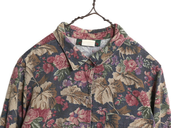 90s USA製 オービス 総柄 長袖 シャツ レディース L 古着 オールド ORVIS コットン 総柄シャツ ボタニカル 花柄 マルチカラー ポケット付き
