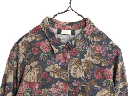 90s USA製 オービス 総柄 長袖 シャツ レディース L 古着 オールド ORVIS コットン 総柄シャツ ボタニカル 花柄 マルチカラー ポケット付き