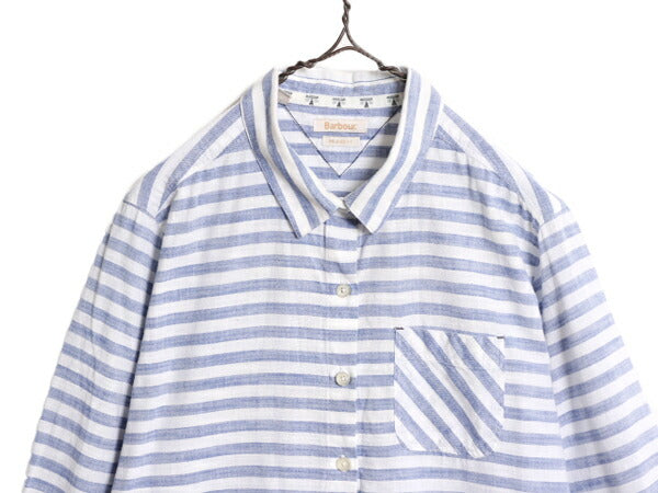日本未発売 バブアー ボーダー 長袖 シャツ レディース L / 古着 Barbour リラックス フィット 薄手 コットン 2トーン マリン ポケット付き