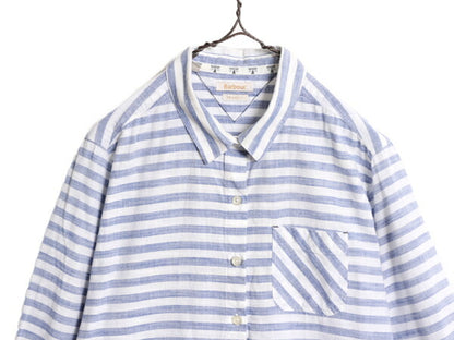 日本未発売 バブアー ボーダー 長袖 シャツ レディース L / 古着 Barbour リラックス フィット 薄手 コットン 2トーン マリン ポケット付き