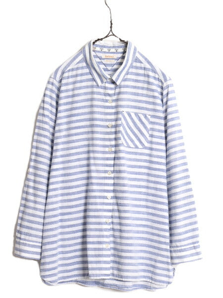 日本未発売 バブアー ボーダー 長袖 シャツ レディース L / 古着 Barbour リラックス フィット 薄手 コットン 2トーン マリン ポケット付き