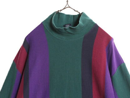 90s ランズエンド ストライプ 長袖 Tシャツ メンズ XL / 古着 オールド ロンT LANDS END ハイネック ヘビーウェイト コットン 大きいサイズ