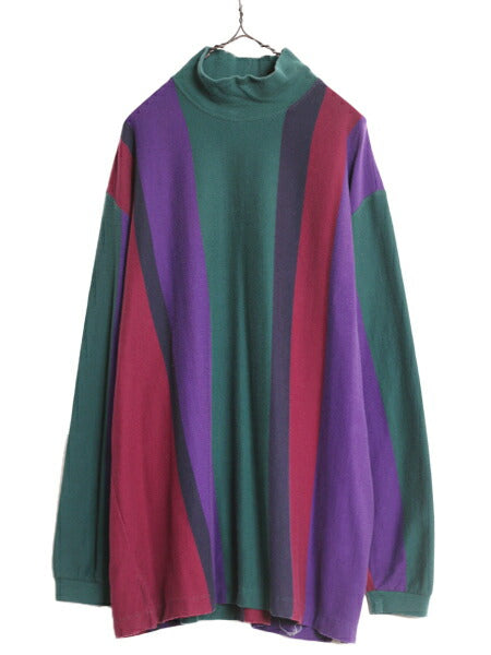 90s ランズエンド ストライプ 長袖 Tシャツ メンズ XL / 古着 オールド ロンT LANDS END ハイネック ヘビーウェイト コットン 大きいサイズ