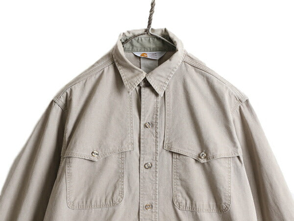 80s ■ カーハート コットン キャンバス 長袖 シャツ メンズ L 程/ 80s ビンテージ CARHARTT ワークシャツ 三角タグ マッキーノ べージュ