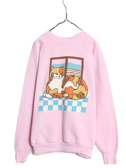 90s USA製 ネコ アート イラスト プリント スウェット メンズ レディース XL 小さめ L 程/ 古着 90年代 オールド グラフィック トレーナー