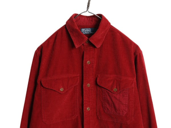 90s ポロ ラルフローレン 細畝 コーデュロイ 長袖 シャツ メンズ M / オールド ポロ 本革 レザー エルボーパッチ ガチャポケ 無地 シンプル