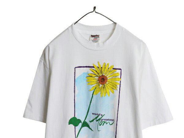 90s ひまわり アート イラスト プリント Tシャツ メンズ レディース L / 古着 オールド フラワー 花 グラフィック シングルステッチ 向日葵