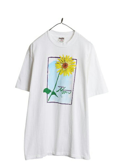 90s ひまわり アート イラスト プリント Tシャツ メンズ レディース L / 古着 オールド フラワー 花 グラフィック シングルステッチ 向日葵