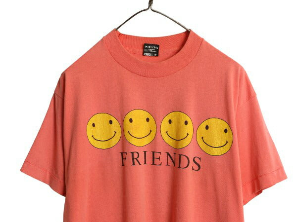 90s USA製 スマイル イラスト プリント Tシャツ メンズ レディース L / オールド キャラクター シングルステッチ アート ニコちゃん ピンク