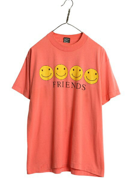 90s USA製 スマイル イラスト プリント Tシャツ メンズ レディース L / オールド キャラクター シングルステッチ アート ニコちゃん ピンク