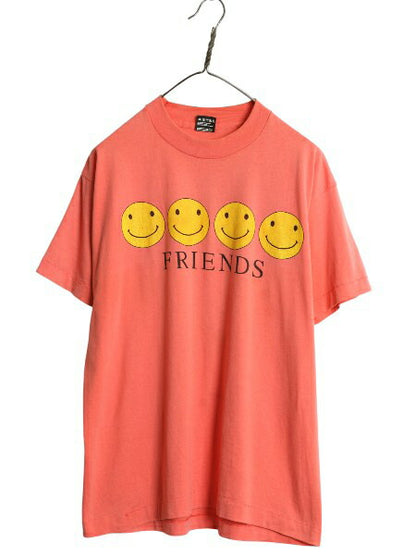 90s USA製 スマイル イラスト プリント Tシャツ メンズ レディース L / オールド キャラクター シングルステッチ アート ニコちゃん ピンク