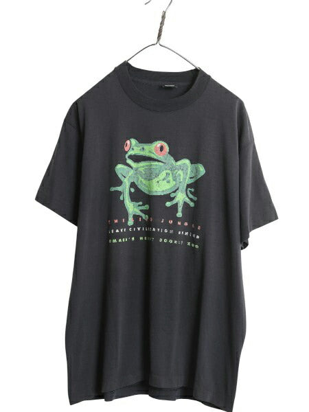 90s USA製 カエル イラスト プリント Tシャツ メンズ XL 古着 オールド アニマル アート グラフィック シングルステッチ 大きいサイズ 黒