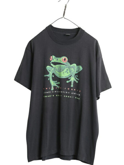 90s USA製 カエル イラスト プリント Tシャツ メンズ XL 古着 オールド アニマル アート グラフィック シングルステッチ 大きいサイズ 黒