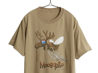 00s モスキート ヘラジカ ジョーク アート イラスト プリント Tシャツ メンズ L 程 オールド グラフィック アニマル ヘビーウェイト カーキ
