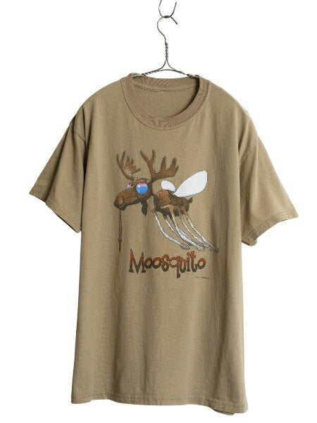 00s モスキート ヘラジカ ジョーク アート イラスト プリント Tシャツ メンズ L 程 オールド グラフィック アニマル ヘビーウェイト カーキ