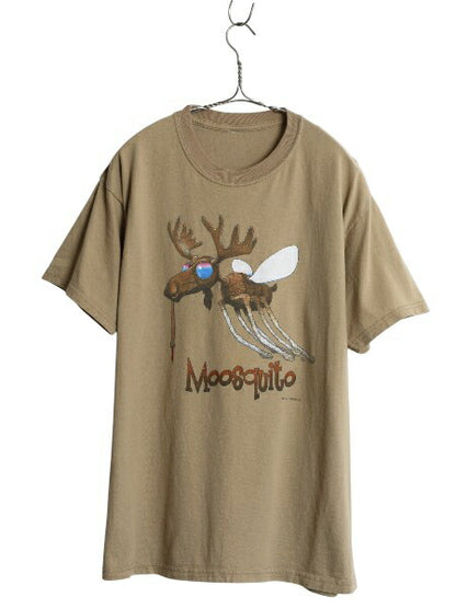 00s モスキート ヘラジカ ジョーク アート イラスト プリント Tシャツ メンズ L 程 オールド グラフィック アニマル ヘビーウェイト カーキ