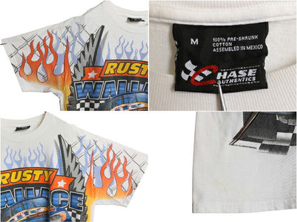 00s ナスカー 全面 イラスト プリント Tシャツ メンズ M オールド モータースポーツ レース ハーレー ファイヤー 企業 オールオーバー 白