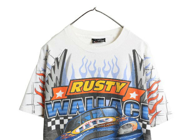 00s ナスカー 全面 イラスト プリント Tシャツ メンズ M オールド モータースポーツ レース ハーレー ファイヤー 企業 オールオーバー 白