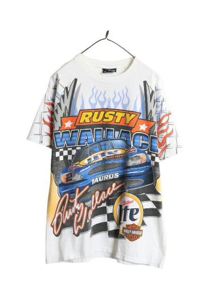 00s ナスカー 全面 イラスト プリント Tシャツ メンズ M オールド モータースポーツ レース ハーレー ファイヤー 企業 オールオーバー 白