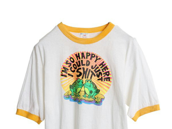 80s USA製 カエル キャラクター イラスト プリント リンガー Tシャツ L 小さめ メンズ レディース M / ヴィンテージ チャンピオン ツートン