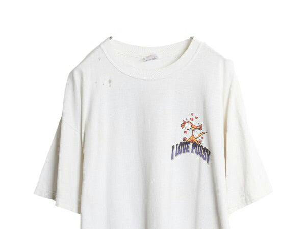 雰囲気系 00s ネコ ジョーク イラスト プリント Tシャツ メンズ XL 古着 オールド 下ネタ エロ キャラクター グラフィック 大きいサイズ 白