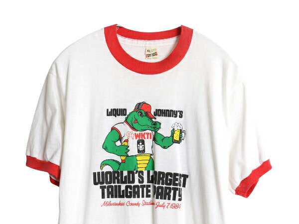 80s USA製 キャラクター イラスト プリント リンガー Tシャツ XL 小さめ メンズ レディース L ヴィンテージ グラフィック ツートン 企業物
