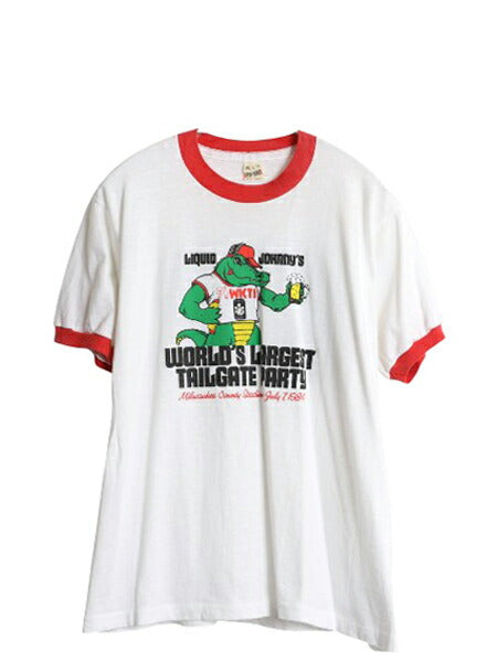 80s USA製 キャラクター イラスト プリント リンガー Tシャツ XL 小さめ メンズ レディース L ヴィンテージ グラフィック ツートン 企業物