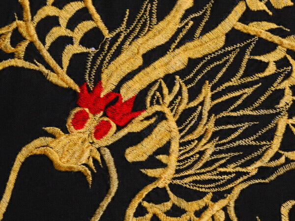80s 龍 刺繍 レーヨン 半袖 スカ ガウン メンズ M ヴィンテージ コート ローブ ハーフ丈 羽織り スカジャン ドラゴン スーベニア 和柄 黒