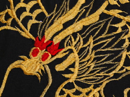 80s 龍 刺繍 レーヨン 半袖 スカ ガウン メンズ M ヴィンテージ コート ローブ ハーフ丈 羽織り スカジャン ドラゴン スーベニア 和柄 黒