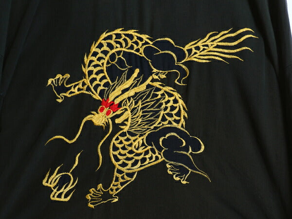 80s 龍 刺繍 レーヨン 半袖 スカ ガウン メンズ M ヴィンテージ コート ローブ ハーフ丈 羽織り スカジャン ドラゴン スーベニア 和柄 黒