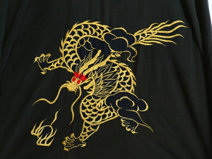 80s 龍 刺繍 レーヨン 半袖 スカ ガウン メンズ M ヴィンテージ コート ローブ ハーフ丈 羽織り スカジャン ドラゴン スーベニア 和柄 黒