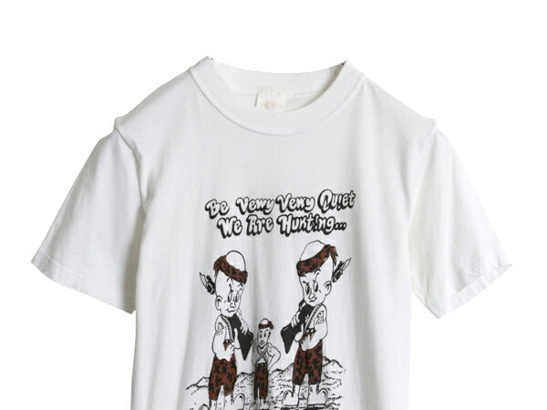 80s キャラクター パロディ イラスト プリント Tシャツ レディース S 程 古着 ヴィンテージ グラフィック ヘビーウェイト 白 インディアン