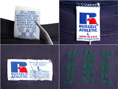 90s USA製 ラッセル フットボール 半袖 Tシャツ メンズ L / オールド ヘビーウェイト ナンバリング ワッペン カットソー ツートン ナス紺