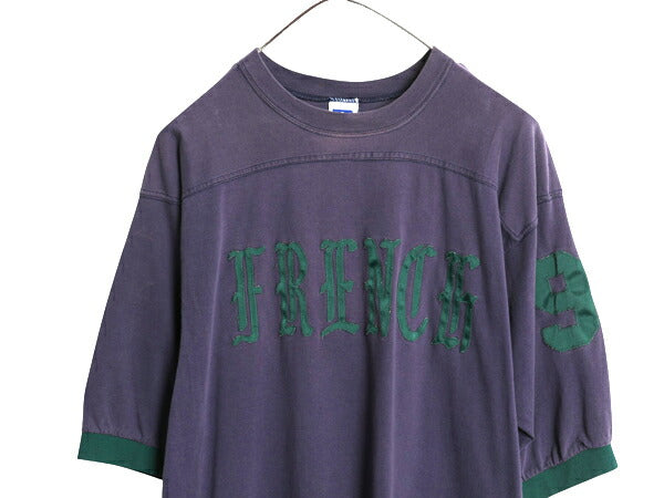 90s USA製 ラッセル フットボール 半袖 Tシャツ メンズ L / オールド ヘビーウェイト ナンバリング ワッペン カットソー ツートン ナス紺