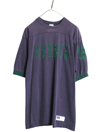 90s USA製 ラッセル フットボール 半袖 Tシャツ メンズ L / オールド ヘビーウェイト ナンバリング ワッペン カットソー ツートン ナス紺