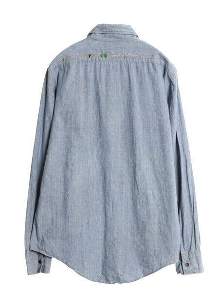 70s ハンドメイド 刺繍 長袖 シャンブレー シャツ メンズ M ヴィテージ ウエスタン 100% コットン 一点物 ポケット付き 長袖シャツ ブルー