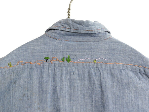 70s ハンドメイド 刺繍 長袖 シャンブレー シャツ メンズ M ヴィテージ ウエスタン 100% コットン 一点物 ポケット付き 長袖シャツ ブルー