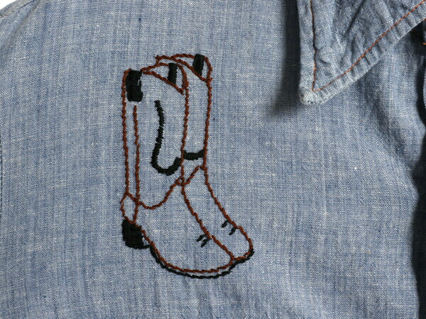 70s ハンドメイド 刺繍 長袖 シャンブレー シャツ メンズ M ヴィテージ ウエスタン 100% コットン 一点物 ポケット付き 長袖シャツ ブルー