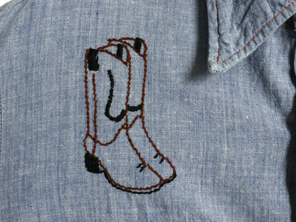 70s ハンドメイド 刺繍 長袖 シャンブレー シャツ メンズ M ヴィテージ ウエスタン 100% コットン 一点物 ポケット付き 長袖シャツ ブルー