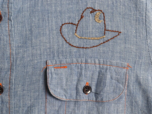 70s ハンドメイド 刺繍 長袖 シャンブレー シャツ メンズ M ヴィテージ ウエスタン 100% コットン 一点物 ポケット付き 長袖シャツ ブルー