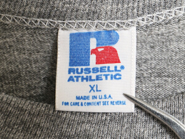 80s USA製 ラッセル プリント 半袖 Tシャツ メンズ XL / 古着 80年代 ヴィンテージ RUSSELL シングルステッチ 大きいサイズ 霜降り グレー