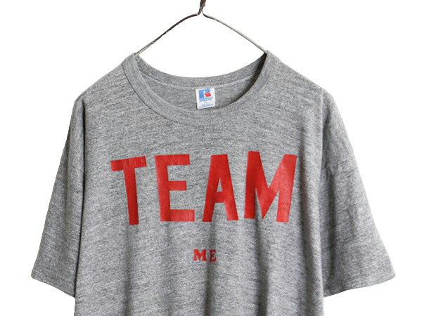 80s USA製 ラッセル プリント 半袖 Tシャツ メンズ XL / 古着 80年代 ヴィンテージ RUSSELL シングルステッチ 大きいサイズ 霜降り グレー