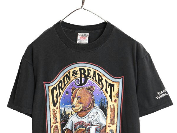 90s USA製 グリズリー 企業 イラスト プリント 半袖 Tシャツ メンズ M 90年代 オールド 企業物 アニマル キャラクター シングルステッチ 黒