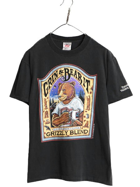 90s USA製 グリズリー 企業 イラスト プリント 半袖 Tシャツ メンズ M 90年代 オールド 企業物 アニマル キャラクター シングルステッチ 黒