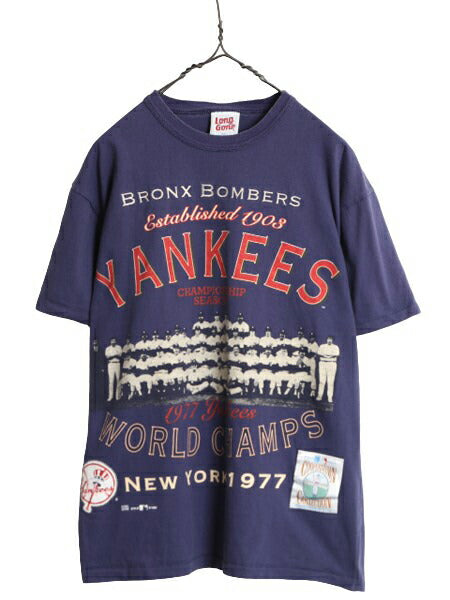 90s USA製 MLB オフィシャル LONG GONE ヤンキース プリント Tシャツ メンズ M オールド 当時物 シングルステッチ 大リーグ ヘビーウェイト