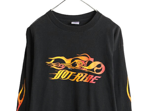 00s USA製 4面 ファイヤー プリント 長袖 Tシャツ メンズ L / オールド バイク イラスト オフィシャル ロンT  ヘビーウェイト 黒 ハーレー
