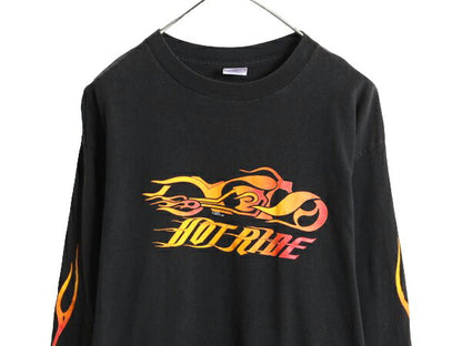 00s USA製 4面 ファイヤー プリント 長袖 Tシャツ メンズ L / オールド バイク イラスト オフィシャル ロンT  ヘビーウェイト 黒 ハーレー