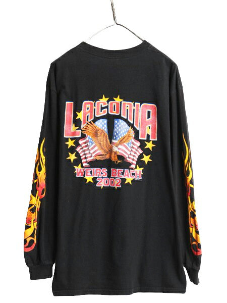 00s USA製 4面 ファイヤー プリント 長袖 Tシャツ メンズ L / オールド バイク イラスト オフィシャル ロンT  ヘビーウェイト 黒 ハーレー