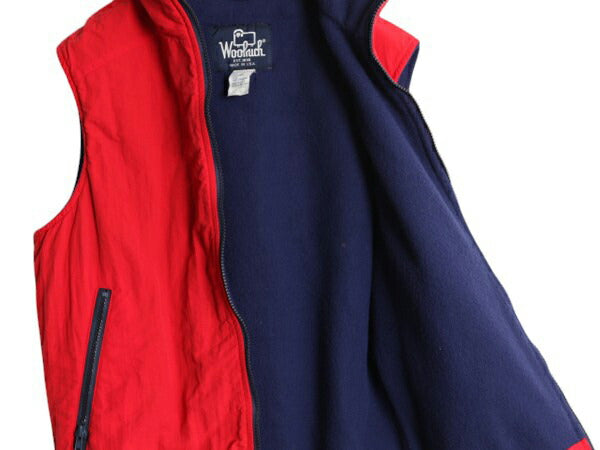 80s USA製 ウールリッチ ナイロン ベスト メンズ S 古着 Woolrich 80年代 ヴィンテージ アウトドア 裏 フリース 重ね着 フルジップ 紺タグ