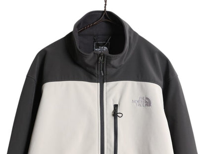 US企画 ノースフェイス APEX ソフトシェル ジャケット メンズ L The North Face ストレッチ 裏 フリース ジャンパー フルジップ ツートン|| 中古 日本未発売 アウトドア ブルゾン ハイネック エイペックス ジップアップ ワンポイント ロゴ刺繍 チャコール ホワイト アメカジ